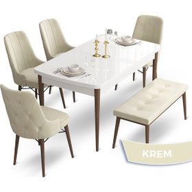 Canisa Concept Ahu Serisi 80x132 cm Beyaz Masa Ceviz Ayak 4 Sandalye 1 Bench Krem Mutfak Masa Takımı