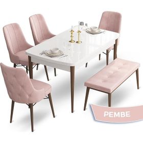 Canisa Concept Ahu Serisi 80x132 cm Beyaz Masa Ceviz Ayak 4 Sandalye 1 Bench Pembe Mutfak Masa Takımı