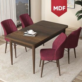 Canisa Concept Arp Serisi 70x110 cm Barok Ahşap Desen 4 Sandalye Sabit Bordo Mutfak Masası Takımı