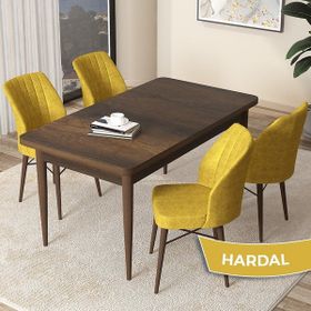 Canisa Concept Arp Serisi 70x110 cm Barok Ahşap Desen 4 Sandalye Sabit Hardal Mutfak Masası Takımı