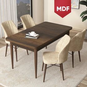Canisa Concept Arp Serisi 70x110 cm Barok Ahşap Desen 4 Sandalye Sabit Krem Mutfak Masası Takımı