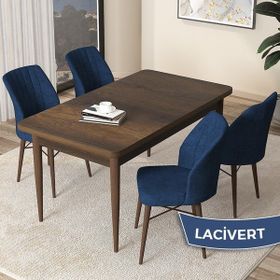 Canisa Concept Arp Serisi 70x110 cm Barok Ahşap Desen 4 Sandalye Sabit Lacivert Mutfak Masası Takımı