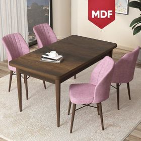 Canisa Concept Arp Serisi 70x110 cm Barok Ahşap Desen 4 Sandalye Sabit Pembe Mutfak Masası Takımı