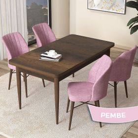 Canisa Concept Arp Serisi 70x110 cm Barok Ahşap Desen 4 Sandalye Sabit Pembe Mutfak Masası Takımı