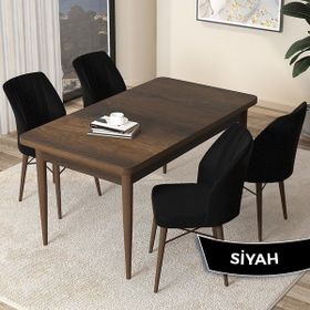 Canisa Concept Arp Serisi 70x110 cm Barok Ahşap Desen 4 Sandalye Sabit Siyah Mutfak Masası Takımı