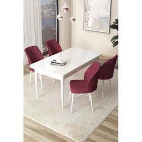 Canisa Concept Arp Serisi 70x110 cm Sabit Beyaz Masa 4 Sandalye Bordo Mutfak Masası Takımı