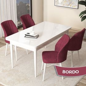 Canisa Concept Arp Serisi 70x110 cm Sabit Beyaz Masa 4 Sandalye Bordo Mutfak Masası Takımı