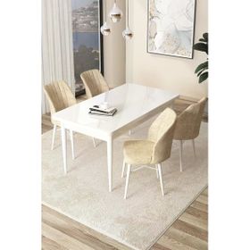 Canisa Concept Arp Serisi 70x110 cm Sabit Beyaz Masa 4 Sandalye Krem Mutfak Masası Takımı