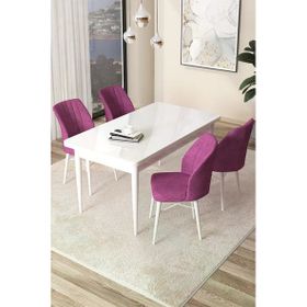 Canisa Concept Arp Serisi 70x110 cm Sabit Beyaz Masa 4 Sandalye Mor Mutfak Masası Takımı