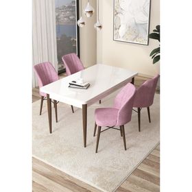 Canisa Concept Arp Serisi 70x110 cm Sabit Beyaz Masa 4 Sandalye Pembe Mutfak Masası Takımı