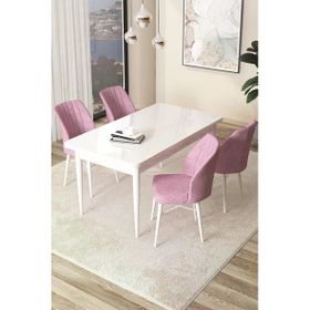 Canisa Concept Arp Serisi 70x110 cm Sabit Beyaz Masa 4 Sandalye Pembe Mutfak Masası Takımı