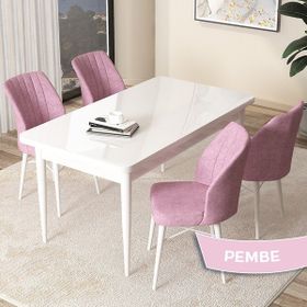Canisa Concept Arp Serisi 70x110 cm Sabit Beyaz Masa 4 Sandalye Pembe Mutfak Masası Takımı