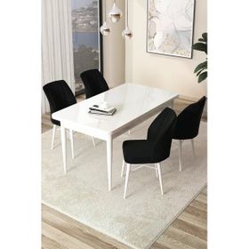 Canisa Concept Arp Serisi 70x110 cm Sabit Beyaz Masa 4 Sandalye Siyah Mutfak Masası Takımı