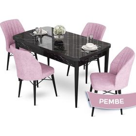 Canisa Concept Aya Serisi 80x132 cm Açılabilir Siyah Mermer Desen 4 Sandalye Pembe Mutfak Masa Takımı