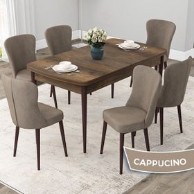Canisa Concept Due Serisi 80x132 cm Açılabilir Barok Ahşap Desen 6 Sandalye Cappuccino Mutfak Masası Takımı