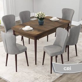 Canisa Concept Due Serisi 80x132 cm Açılabilir Barok Ahşap Desen 6 Sandalye Gri Mutfak Masası Takımı