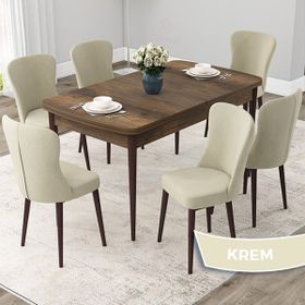 Canisa Concept Due Serisi 80x132 cm Açılabilir Barok Ahşap Desen 6 Sandalye Krem Mutfak Masası Takımı