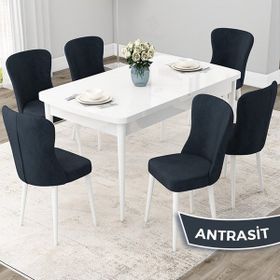 Canisa Concept Due Serisi 80x132 cm Açılabilir Beyaz 6 Sandalye Antrasit Mutfak Masası Takımı