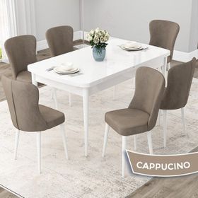Canisa Concept Due Serisi 80x132 cm Açılabilir Beyaz 6 Sandalye Cappuccino Mutfak Masası Takımı