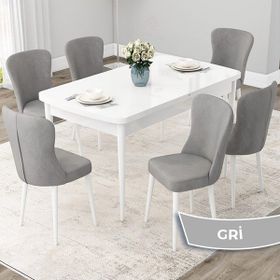 Canisa Concept Due Serisi 80x132 cm Açılabilir Beyaz 6 Sandalye Gri Mutfak Masası Takımı