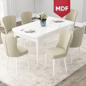 Canisa Concept Due Serisi 80x132 cm Açılabilir Beyaz 6 Sandalye Krem Mutfak Masası Takımı