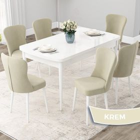 Canisa Concept Due Serisi 80x132 cm Açılabilir Beyaz 6 Sandalye Krem Mutfak Masası Takımı