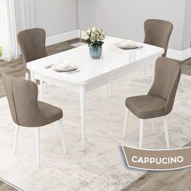 Canisa Concept Due Serisi 80x132 cm Açılabilir Beyaz Masa 4 Sandalye Cappuccino Mutfak Masası Takımı