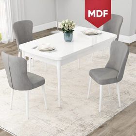 Canisa Concept Due Serisi 80x132 cm Açılabilir Beyaz Masa 4 Sandalye Gri Mutfak Masası Takımı