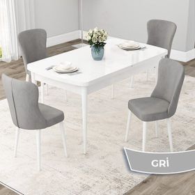 Canisa Concept Due Serisi 80x132 cm Açılabilir Beyaz Masa 4 Sandalye Gri Mutfak Masası Takımı