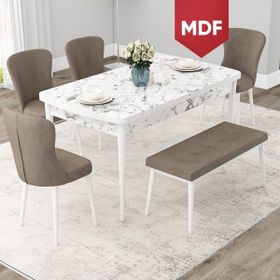 Canisa Concept Due Serisi 80x132 cm Açılabilir Beyaz Mermer Desen 4 Sandalye 1 Bench Cappuccino Mutfak Masası Takımı