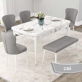 Canisa Concept Due Serisi 80x132 cm Açılabilir Beyaz Mermer Desen 4 Sandalye 1 Bench Gri Mutfak Masası Takımı