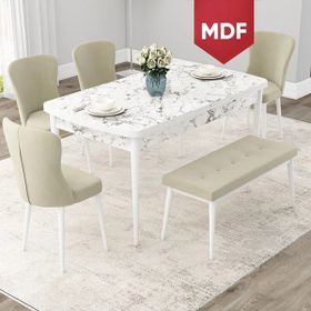 Canisa Concept Due Serisi 80x132 cm Açılabilir Beyaz Mermer Desen 4 Sandalye 1 Bench Krem Mutfak Masası Takımı