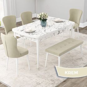 Canisa Concept Due Serisi 80x132 cm Açılabilir Beyaz Mermer Desen 4 Sandalye 1 Bench Krem Mutfak Masası Takımı