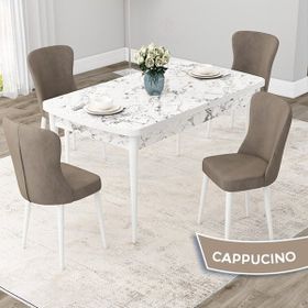 Canisa Concept Due Serisi 80x132 cm Açılabilir Beyaz Mermer Desen 4 Sandalye Cappuccino Mutfak Masası Takımı