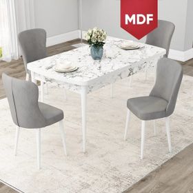 Canisa Concept Due Serisi 80x132 cm Açılabilir Beyaz Mermer Desen 4 Sandalye Gri Mutfak Masası Takımı