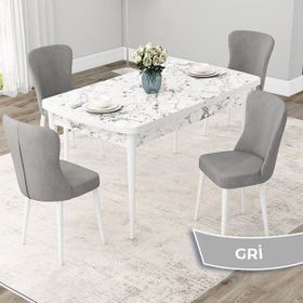 Canisa Concept Due Serisi 80x132 cm Açılabilir Beyaz Mermer Desen 4 Sandalye Gri Mutfak Masası Takımı