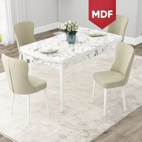 Canisa Concept Due Serisi 80x132 cm Açılabilir Beyaz Mermer Desen 4 Sandalye Krem Mutfak Masası Takımı