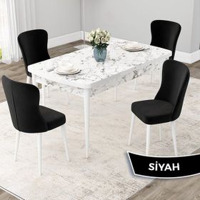 Canisa Concept Due Serisi 80x132 cm Açılabilir Beyaz Mermer Desen 4 Sandalye Siyah Mutfak Masası Takımı