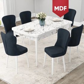 Canisa Concept Due Serisi 80x132 cm Açılabilir Beyaz Mermer Desen 6 Sandalye Antrasit Mutfak Masası Takımı