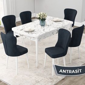 Canisa Concept Due Serisi 80x132 cm Açılabilir Beyaz Mermer Desen 6 Sandalye Antrasit Mutfak Masası Takımı