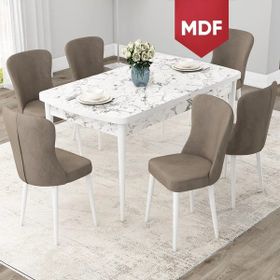 Canisa Concept Due Serisi 80x132 cm Açılabilir Beyaz Mermer Desen 6 Sandalye Cappuccino Mutfak Masası Takımı