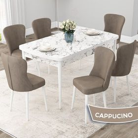 Canisa Concept Due Serisi 80x132 cm Açılabilir Beyaz Mermer Desen 6 Sandalye Cappuccino Mutfak Masası Takımı