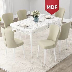 Canisa Concept Due Serisi 80x132 cm Açılabilir Beyaz Mermer Desen 6 Sandalye Krem Mutfak Masası Takımı