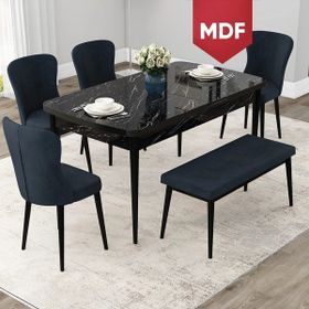 Canisa Concept Due Serisi 80x132 cm Açılabilir Siyah Mermer Desen 4 Sandalye 1 Bench Antrasit Mutfak Masası Takımı