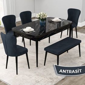 Canisa Concept Due Serisi 80x132 cm Açılabilir Siyah Mermer Desen 4 Sandalye 1 Bench Antrasit Mutfak Masası Takımı