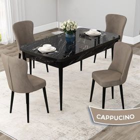 Canisa Concept Due Serisi 80x132 cm Açılabilir Siyah Mermer Desen 4 Sandalye Cappuccino Mutfak Masası Takımı