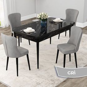 Canisa Concept Due Serisi 80x132 cm Açılabilir Siyah Mermer Desen 4 Sandalye Gri Mutfak Masası Takımı