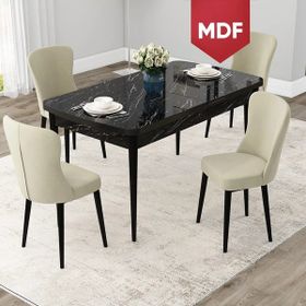 Canisa Concept Due Serisi 80x132 cm Açılabilir Siyah Mermer Desen 4 Sandalye Krem Mutfak Masası Takımı