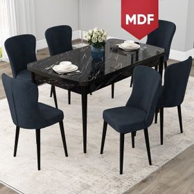 Canisa Concept Due Serisi 80x132 cm Açılabilir Siyah Mermer Desen 6 Sandalye Antrasit Mutfak Masası Takımı