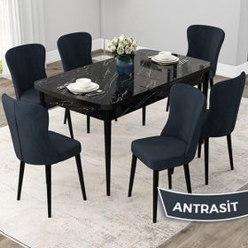 Canisa Concept Due Serisi 80x132 cm Açılabilir Siyah Mermer Desen 6 Sandalye Antrasit Mutfak Masası Takımı